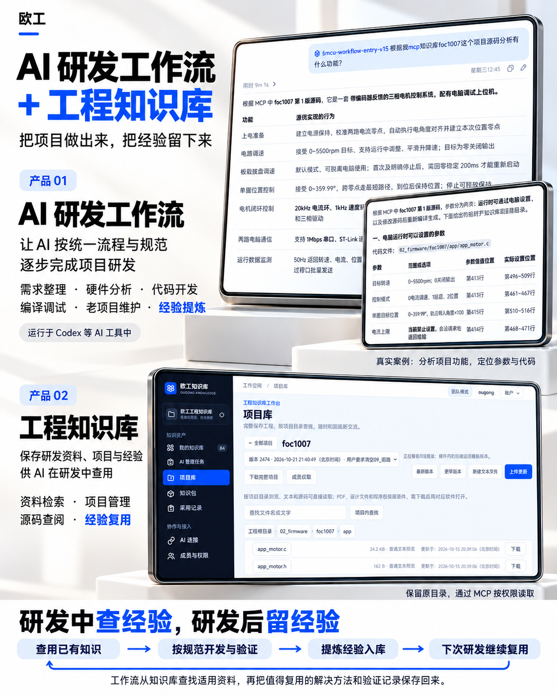 产品案例原图:AI 分析 foc1007 工程功能、找到可调整的设置,以及项目库程序代码目录界面