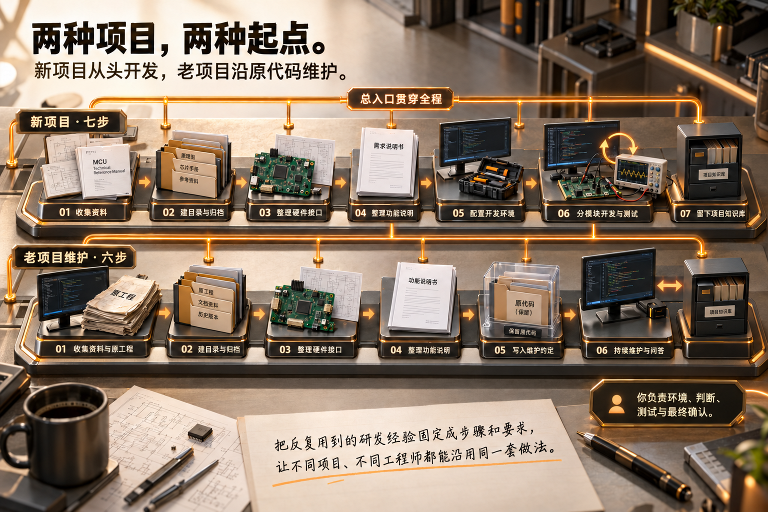 两层研发工作台。上层：新项目七步，从收集资料、建立目录、整理硬件与功能说明，到配置环境、分模块开发测试、留下项目知识库。下层：老项目维护六步，从原工程与资料开始，保留原代码，按维护约定持续修改和问答。总入口贯穿全程，人负责环境、判断、测试与最终确认。